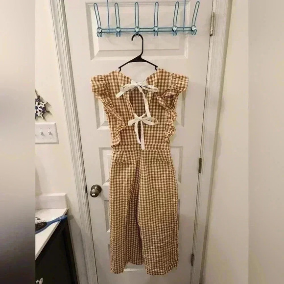 English Factory Brown/ White Plaid Ruffle Short Sleeves Jumpsuit Tie Back Size S - Picture 4 of 7